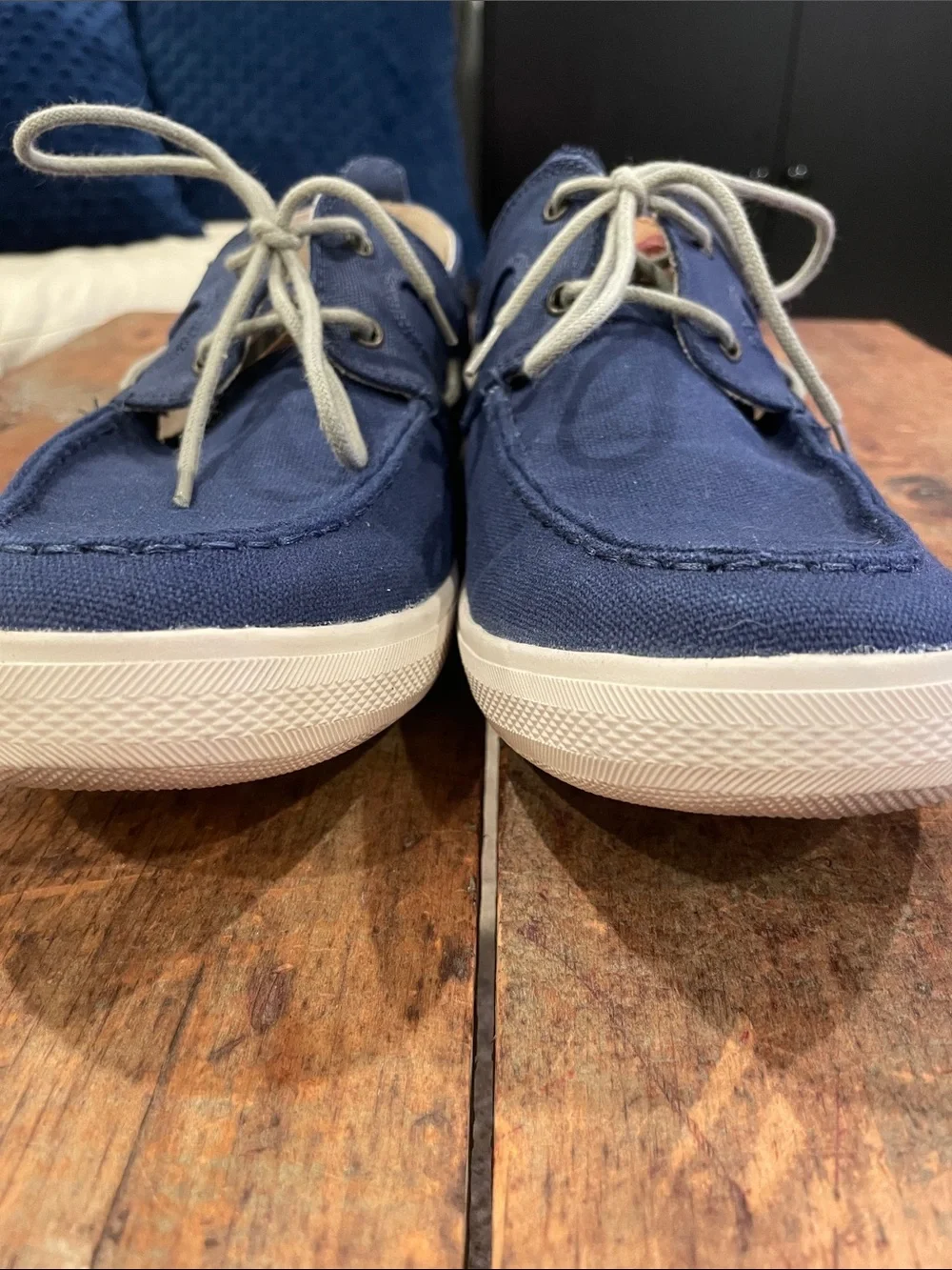 Tommy Bahama Navy Canvas Boat Shoes with Tan Laces